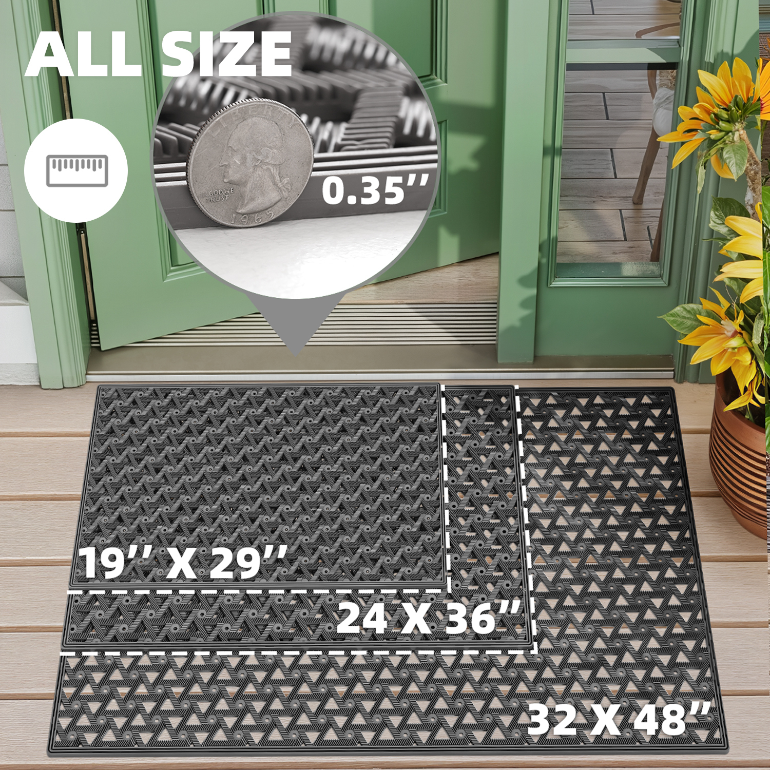 PABUBE Outdoor Doormat , Waterproof and Heavy Duty Doormat for Outside, Low Pile Dirt Trapper Rubber Outdoor Mat and Non-Slip Welcome Mat for Front Doors, 19" x 29", Gray