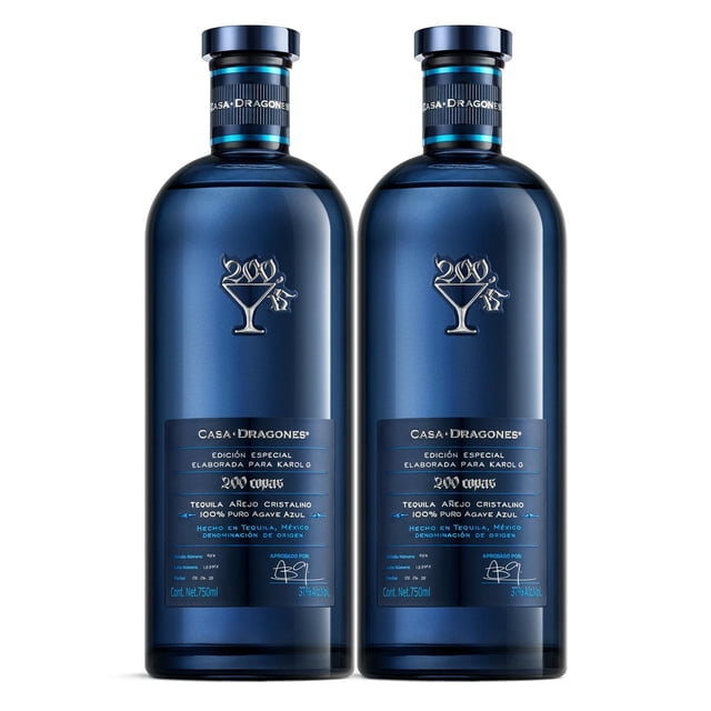 Pack de 2 Tequila Casa Dragones Añejo Cristalino 200 Copas Karol G 750 ml