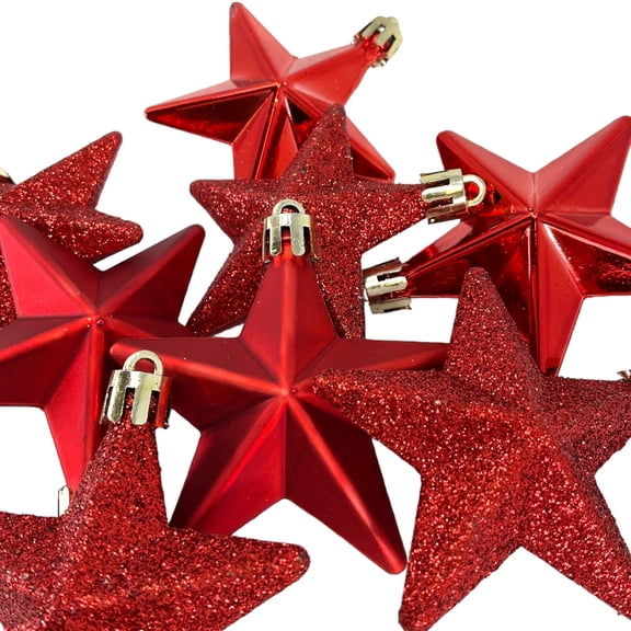 8 Piece Shiny, Matte and Glitter Red Star Christmas Ornament Decoration 2.5 Inch