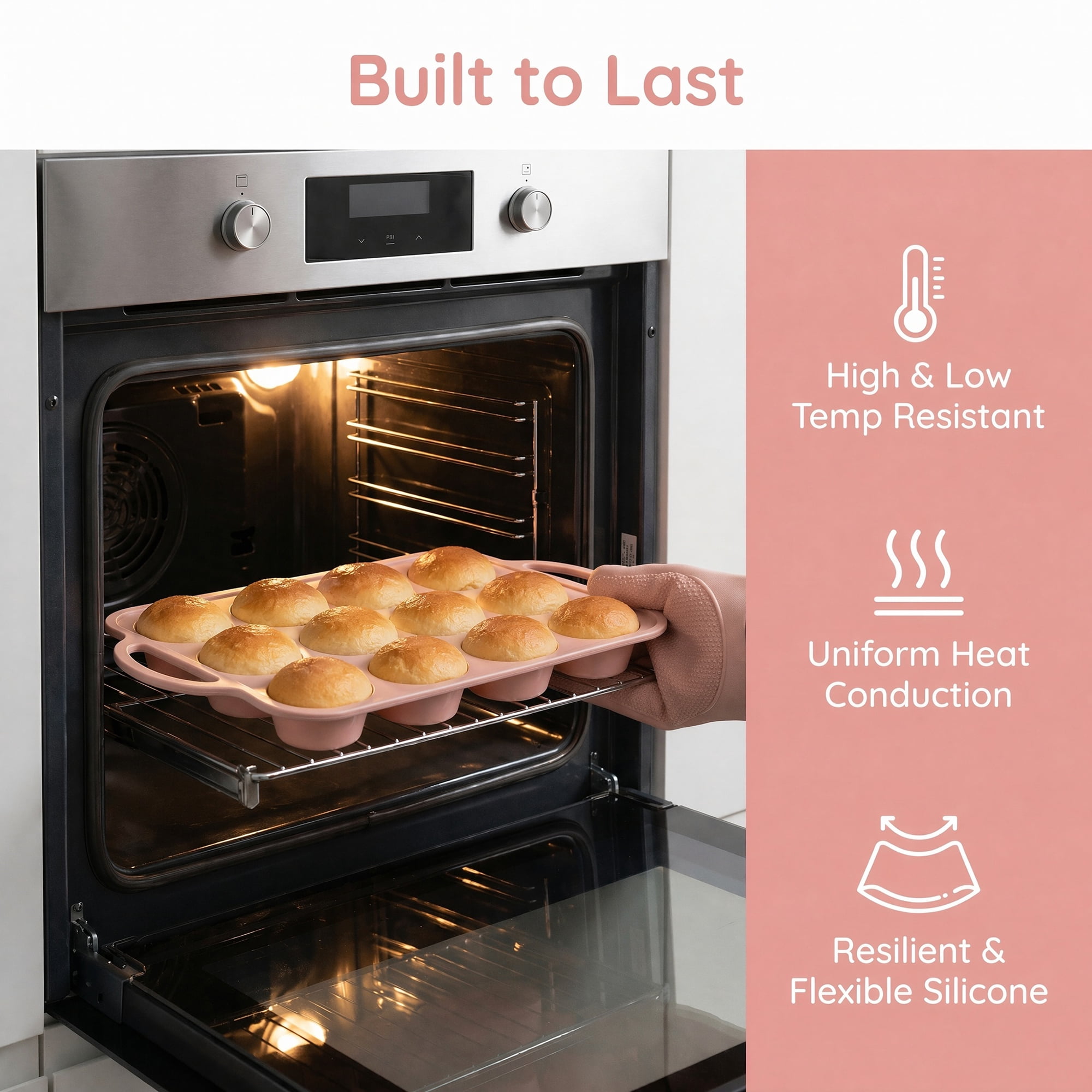 Unique Bargains Baking Pan 12-Cup Nonstick Silicone Tray with Dual Handles Pink 14.8"x8.9"x1.3"