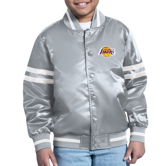 Youth Starter Gray Los Angeles Lakers Comic-Style Satin Full-Snap Varsity Jacket