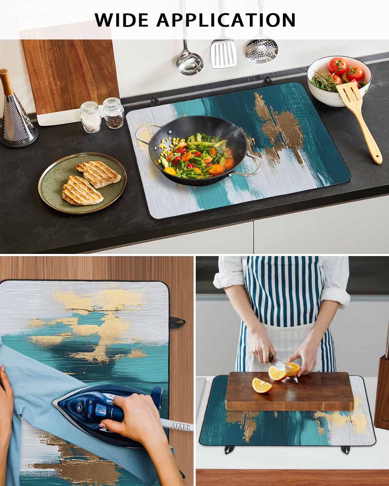 nqOlkjepod Large Induction Cooktop Protector Mat 36"x21", Abstract Teal Green Stove Top Covers for Electric Stove, White Gold Textured Art Decorative Stove Burner Cover Mats, Glass Top Stove Cover