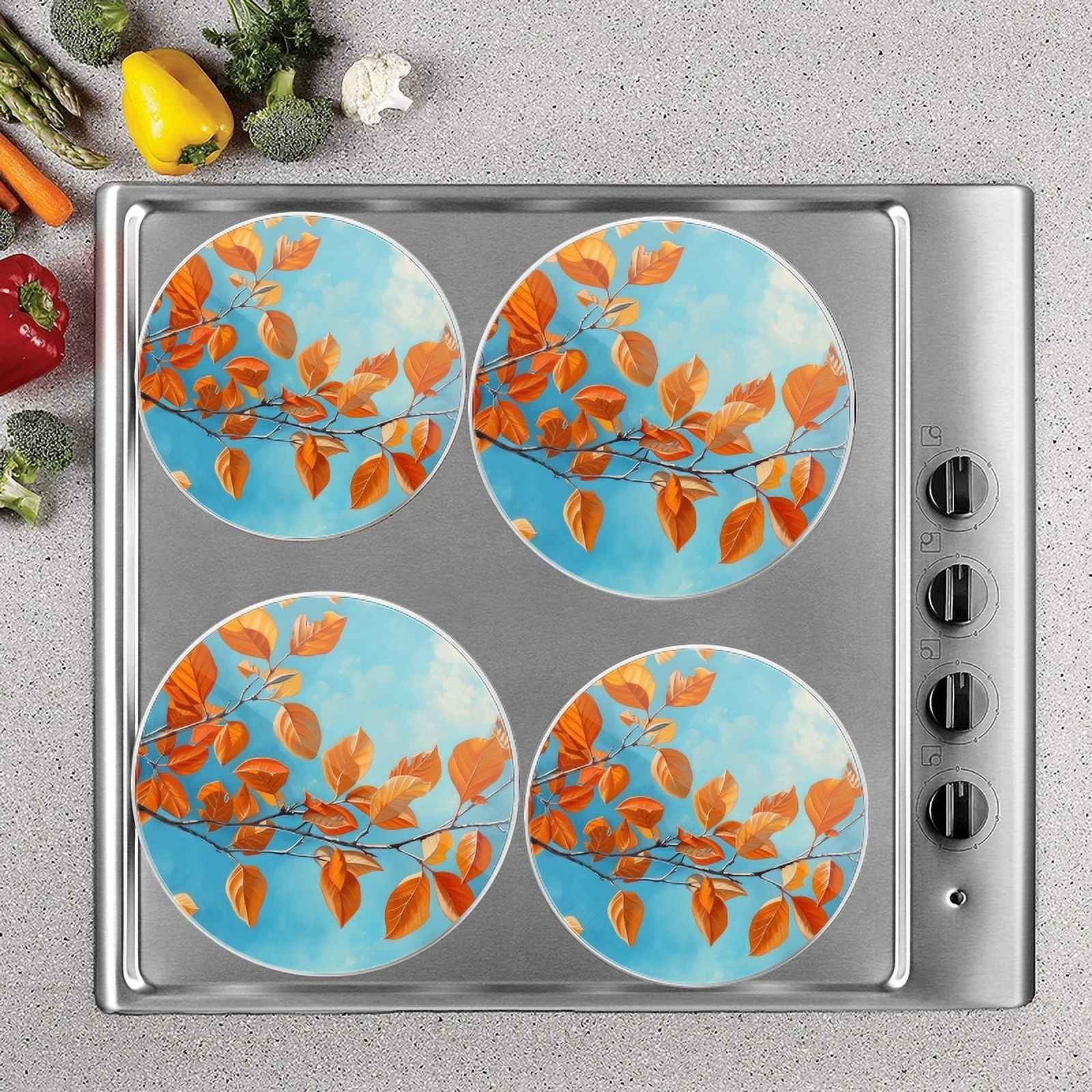 BaHomeck Electric Stove Burner Covers Set of 4,Round Metal Gas Stove Burner Covers 8 Inch and 10 Inch,Kitchen Decor,Oil Painting Of Orange Leaves On Tree Branch