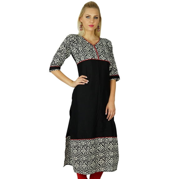 Bimba Women Indian Black Tunic 3/4 Sleeve Rayon Kurta Kurti Casual Summer Top