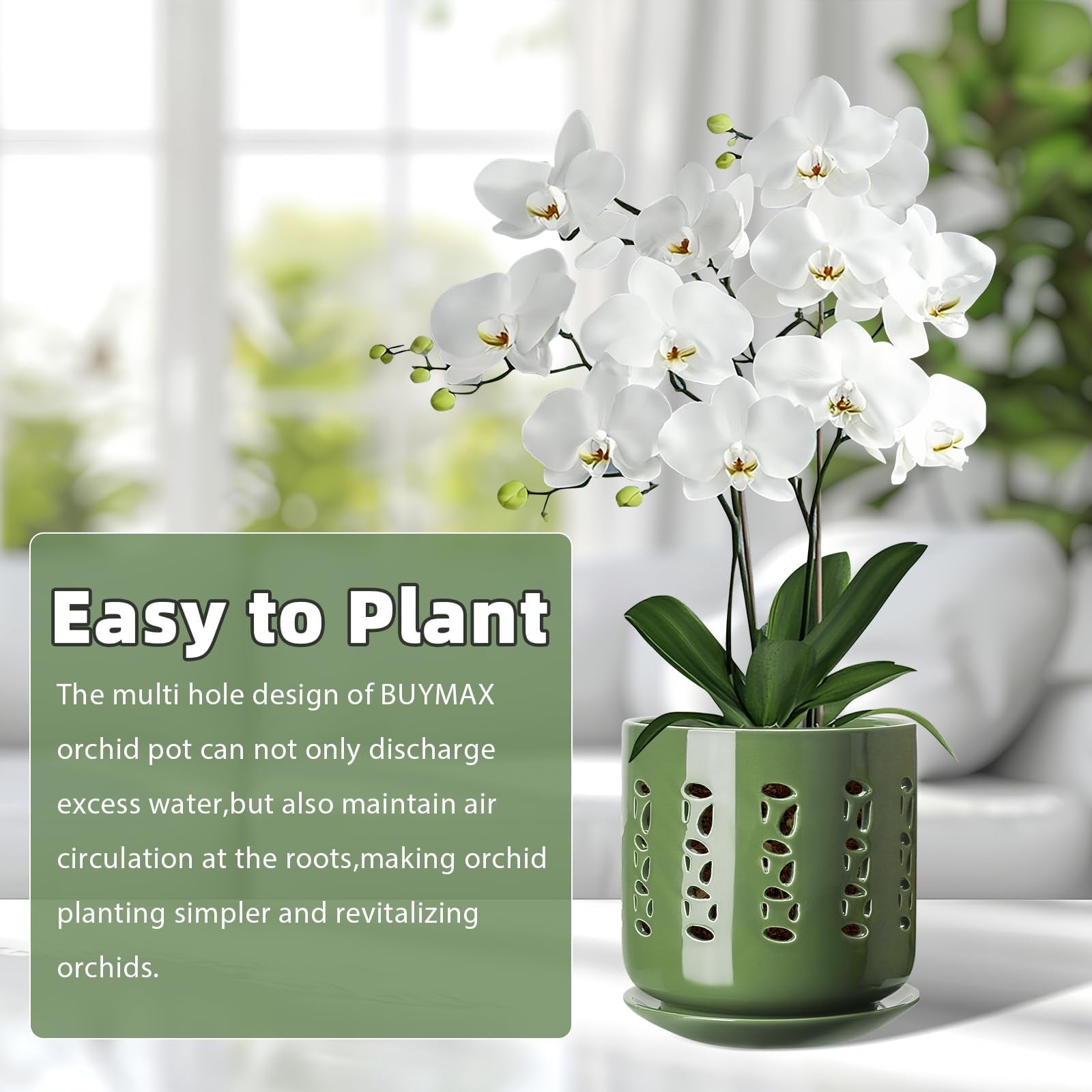 Orchid Pots with Holes, 5+6 Inch Ceramic Orchid Pot, Enhance Good Ventilation and Drainage, Flower Pots for Indoor/Outdoor Plants 2 Pack - Forest Green