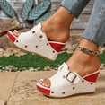 thumbnail image 3 of Rokment Women's Studded Buckles Platform Wedge Mules Slip on Sandals Fashion Casual Suede Peep Toe Color Block Chunky High Heels Summer Dressy Slides Red Size 7, 3 of 6