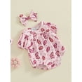 thumbnail image 4 of Musuos Newborn Girl Summer Outfit, 0-18Months Short Sleeve Crewneck Flower Print Bodysuit with Bowknot Headband 3PCS Clothes Set, 4 of 9