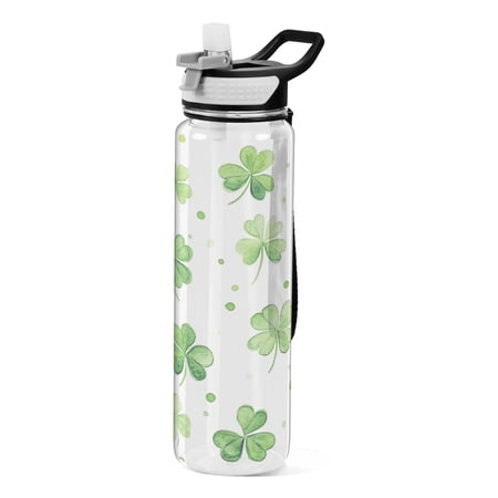 32oz Transparent Sports Water Bottle with Straw for Kids Adults Outdoor School Gym Fitness Green Shamrock Leaves