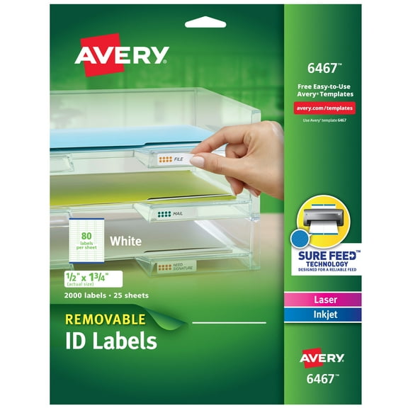 Avery® Removable Laser/Inkjet ID Labels, 6467, Multipurpose, 1/2" x 1 3/4", White, Pack Of 2,000