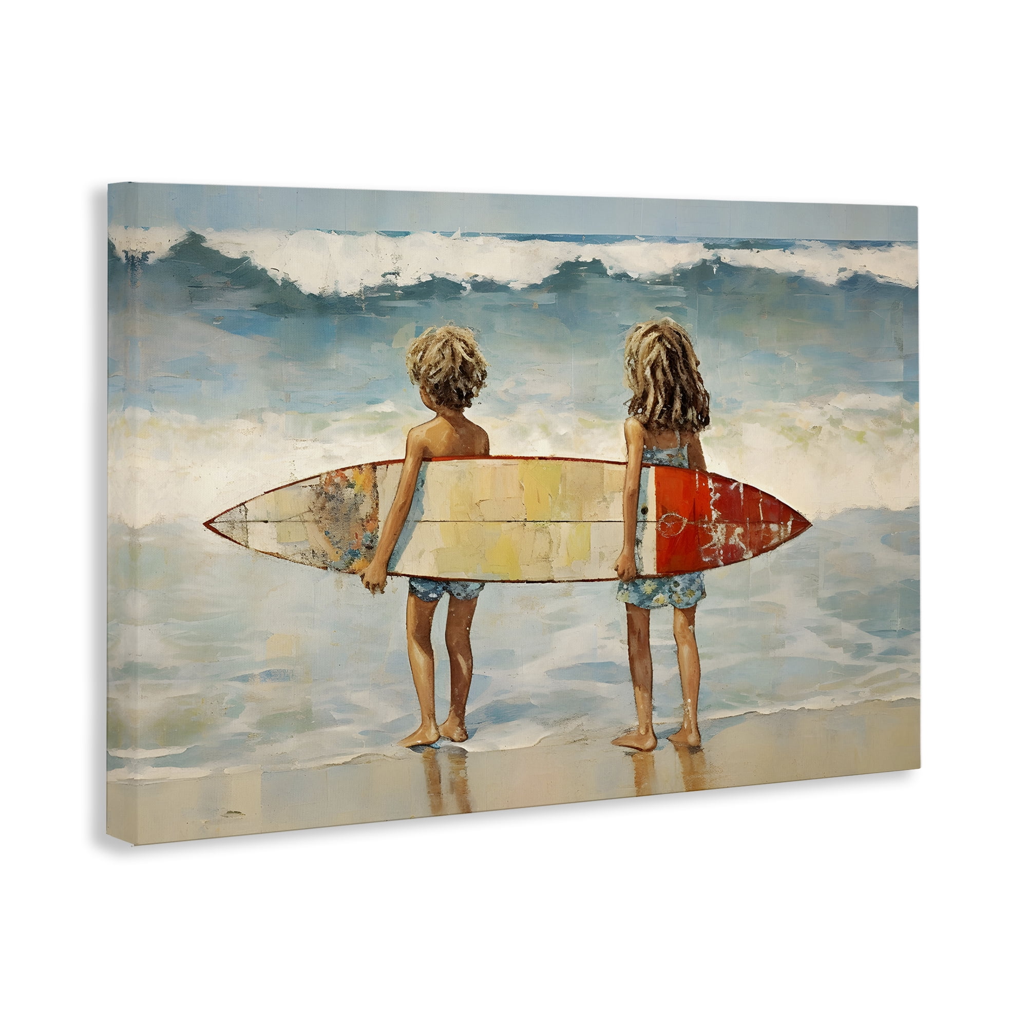 Stupell Industries Kids with Surf Waves People Painting Wrapped Canvas Art Print Wall Art, 24 x 16