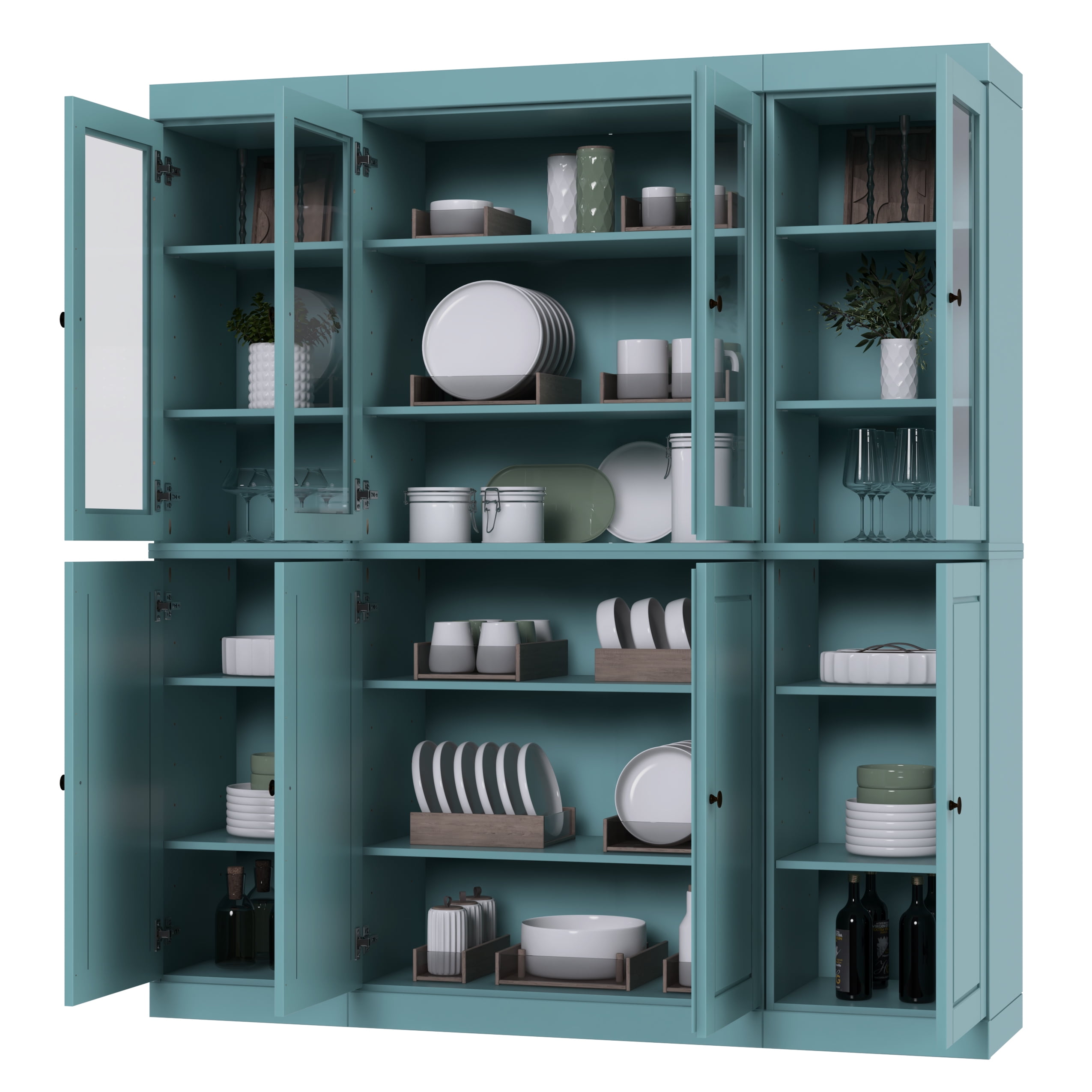Palace Imports 100% Solid Wood Kitchen Pantry Storage Cabinet with Solid, Clear Glass Doors and Adjustable Shelves, Aqua Blue