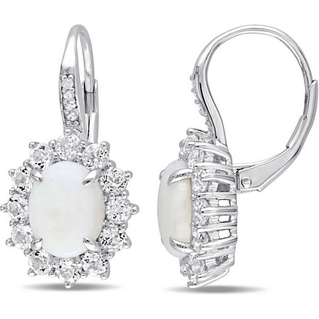 3-7/8 Carat T.G.W. Opal and White Topaz with Diamond-Accent Sterling Silver Halo Leverback Earrings
