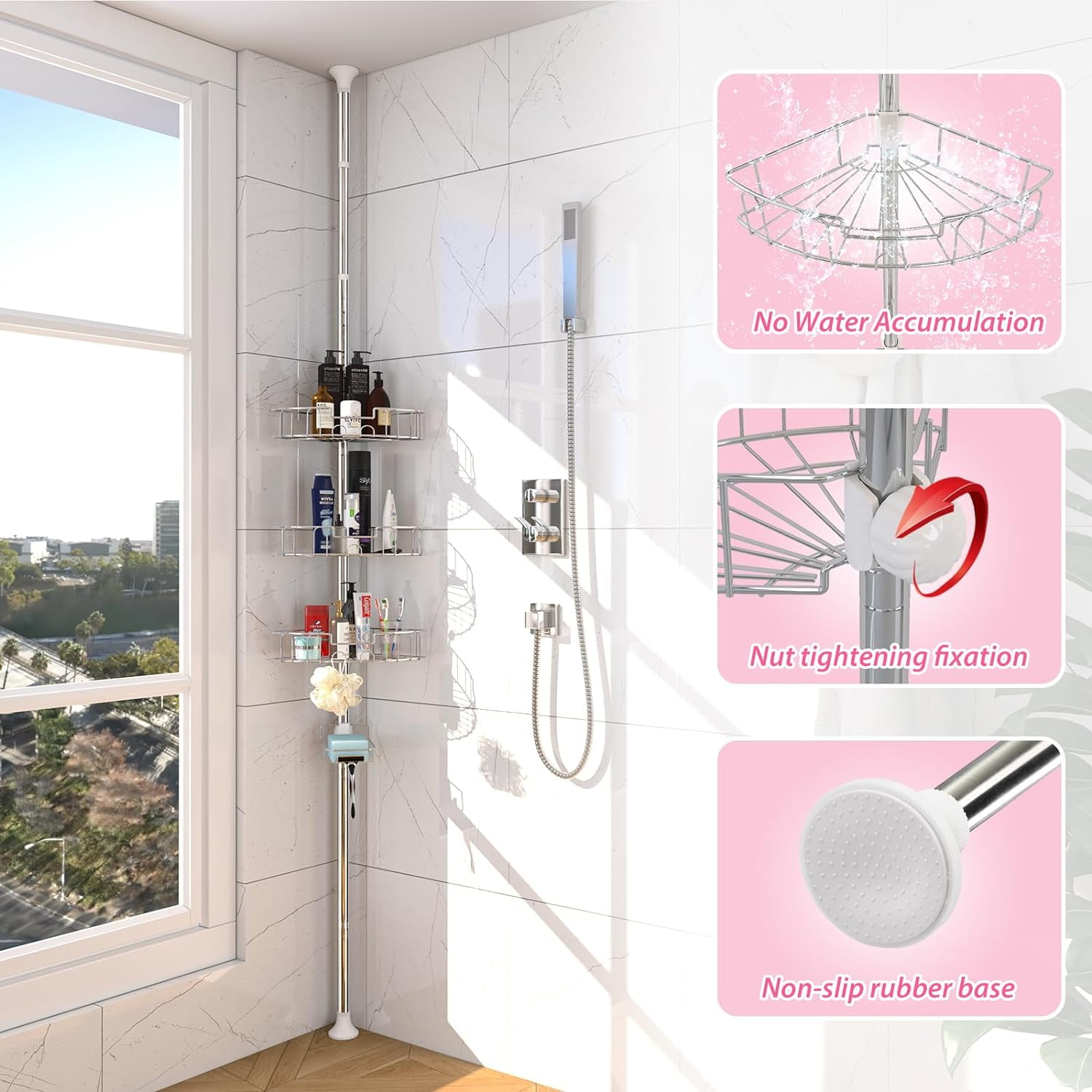 DEROFIT Shower Organizer Caddy 39-125" Stainless Steel Shower Shelves Rack for Inside Shower Bathroom Bathtub Caddy Rustproof Tension Pole Silver