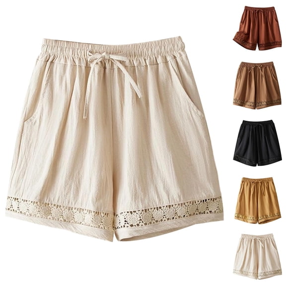 Shorts for Women Summer Cotton Linen Elastic Waist Lace Hollow out Hem Wide Leg Vintage Boho Casual Shorts with Pockets