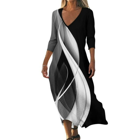 WTOBBY Women's Retro Floral Print V-Neck 3/4 Sleeve Loose Beach Dress, Casual Midi Sundress with Comfortable Fit for Summer Vacation Getaways,Black L