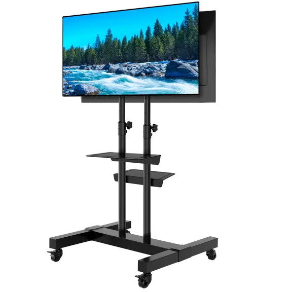Mobile Rolling TV Stand with Dual Shelves for 32-80 Inch TVs, Height Adjustable TV Cart with ±15° Tilt, Lockable Wheels, VESA Compatible, Holds up to 110 lbs, Black