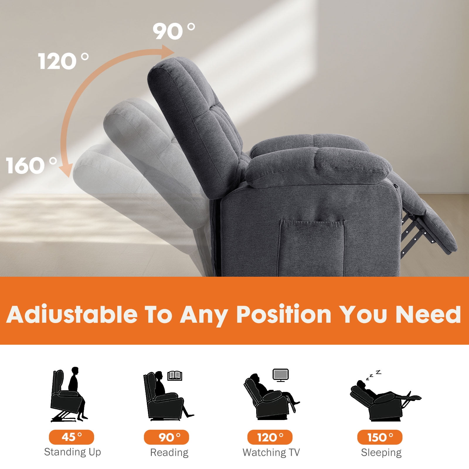 edx Power Lift Recliner Chair, Recliner for Elderly with Massage and Heating, with Remote Control, Cup Holder, Side Pocket, Grey