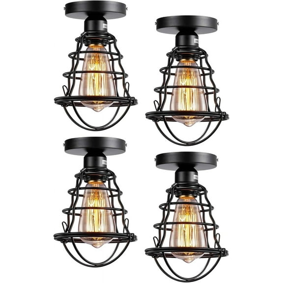 4 Pack Semi-Flush Mount Ceiling Light Black Industrial Ceiling Light - Black Metal Pendant Light Fixture for Hallway Stairway Bedroom Kitchen