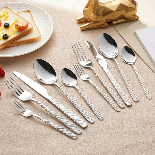 Xihbxyly Juego de Cubiertos de Acero Inoxidable con Mango Retorcido, Elegante Diseño Floral En Relieve, Colores Dorado y Plateado, Estuche de Viaje Portátil, Utensilios Reutilizables, Ideal para Ofic