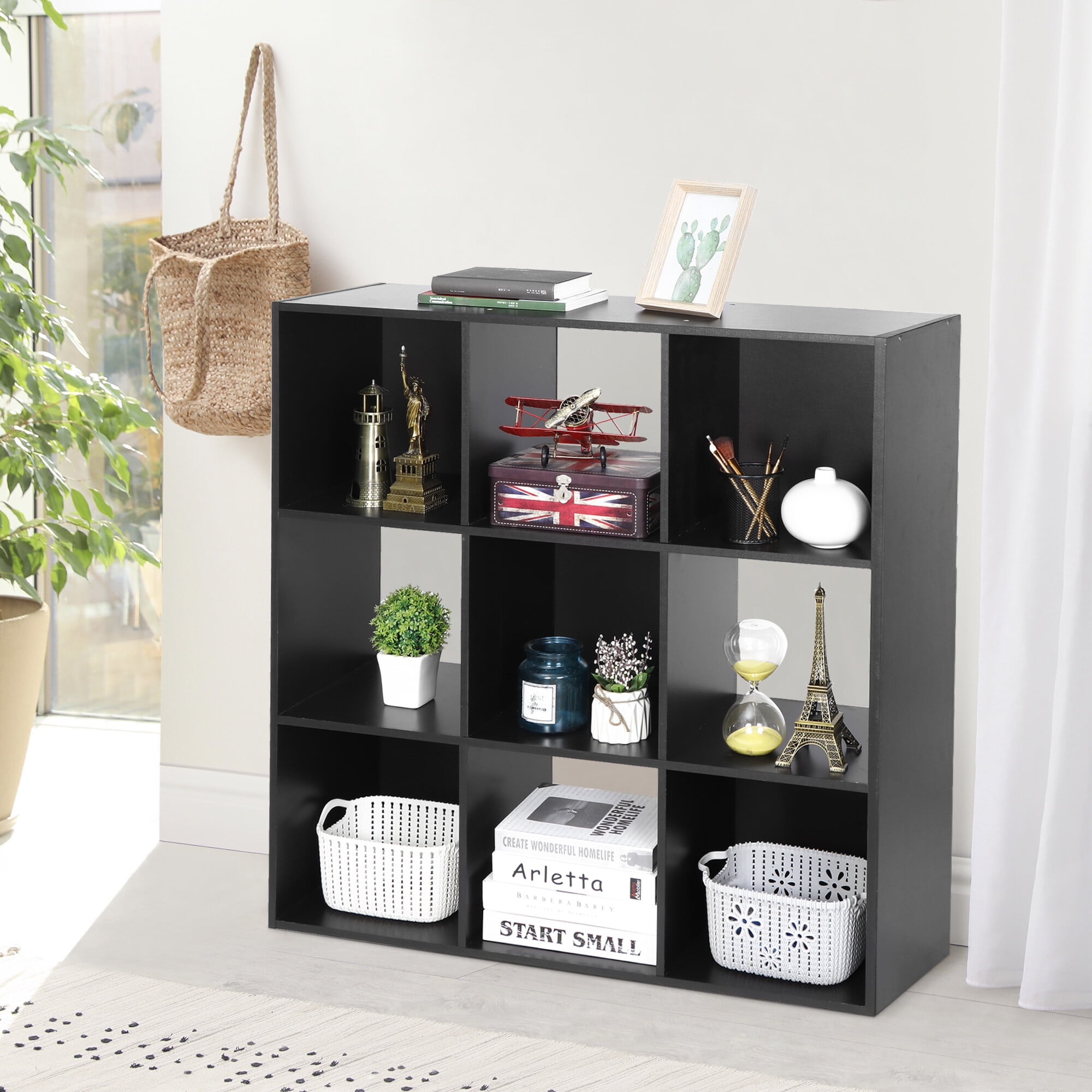 SuperDeal 9-Cube 3 Shelves Organizer MDF Cabinet Bookcase Black