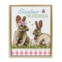 Easter Blessings Gingham Spring Bunnies Gold Floating Frame Canvas Art, 25 x 31, By Elizabeth Tyndall