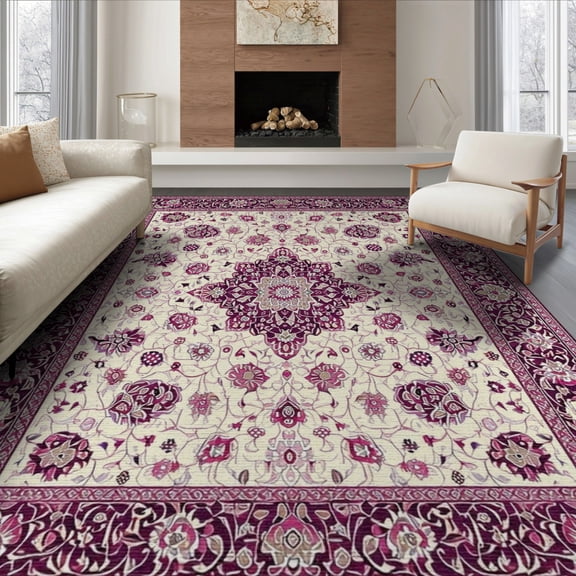 ODIKA 8'x10' Washable Area Rug Durable, Non-Slip Plum Purple Boho Scroll Border Fuzzy Abstract Swirl Ombre for Living Room, Under Sectional, Family