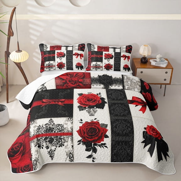 Manfei Red Roses Bowknot Twin Quilt Set for Girls,Chic Flowers Bohemian Damask Twin Coverlet Set for Teens Female