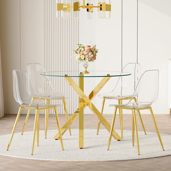 StnTalk 39″ Round Glass Dining Table Set with Clear Acrylic Chairs, Modern Tempered Glass Table with Gold Metal Base for Kitchen Dining Room, Easy Clean & Space Saving