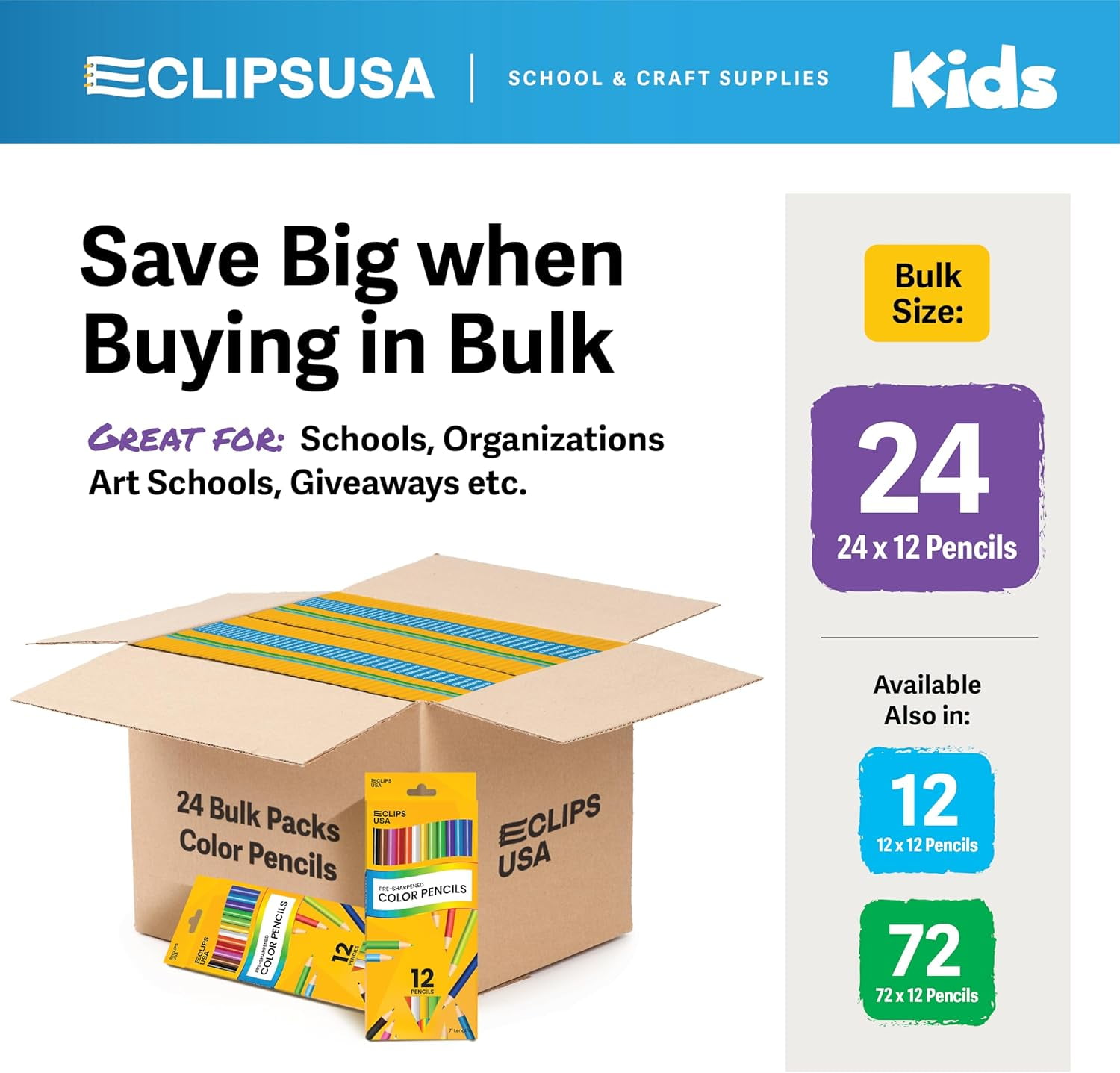 E-Clips USA Pre-Sharpened Colored Pencils, Bulk Color Pencil Set, 12-pc 24-pack