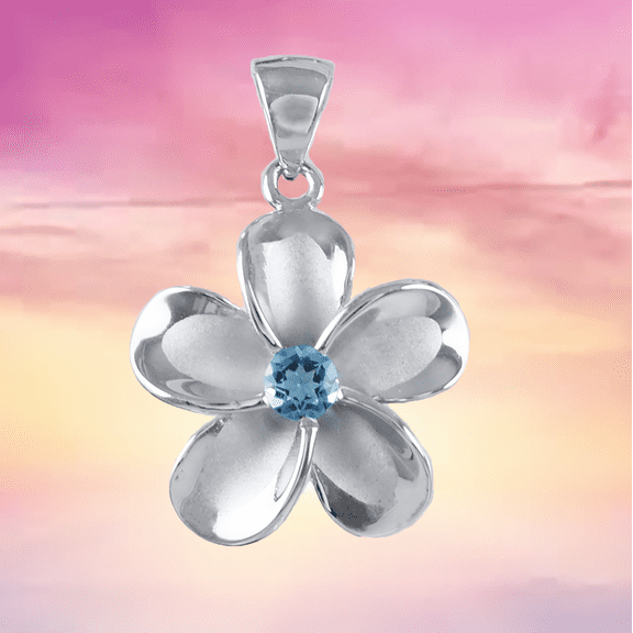 Beautiful Hawaiian Genuine Blue Topaz Plumeria Necklace, Sterling Silver Plumeria Flower Pendant, N8853 Birthday Valentine Mom Gift