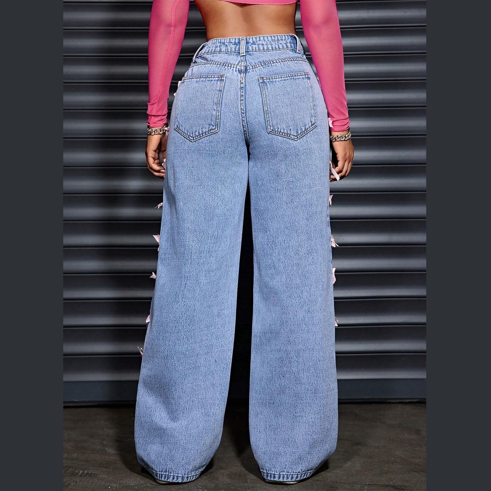Ladies Casual Baggy Wide Leg Jeans with Pockets,High Waist Loose Fitting Straight Side Bow Washed Vintage Streetwear Denim Pants Light Blue M