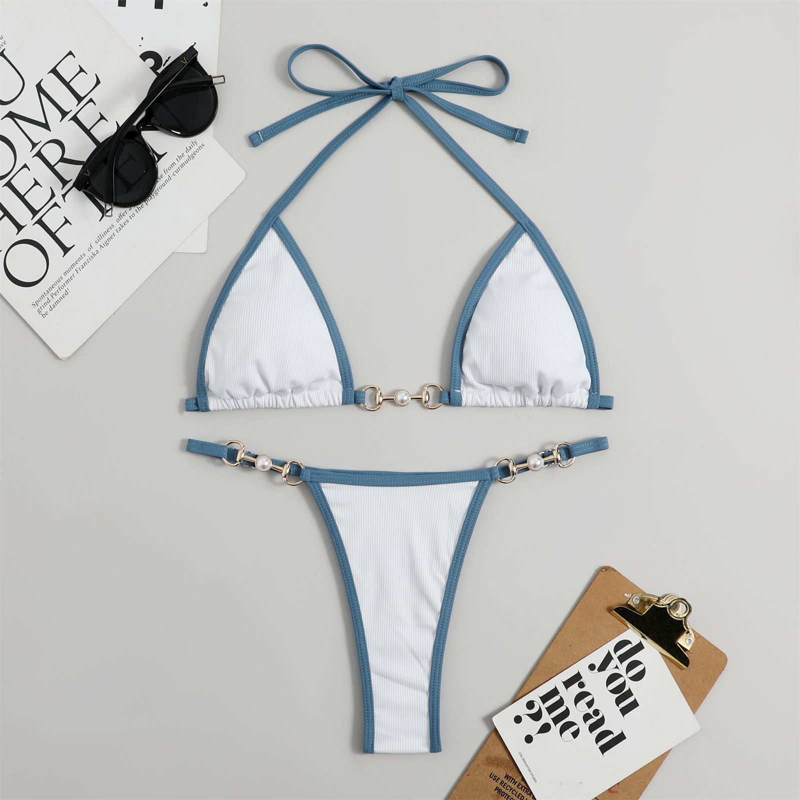 Ecqkame 2023 Summer Sexy Bandage Bikini Sets Women Tie Side GString Thong  Swimsuit Solid Bathing Suit Brazlian Swimwear White S Clearance Items