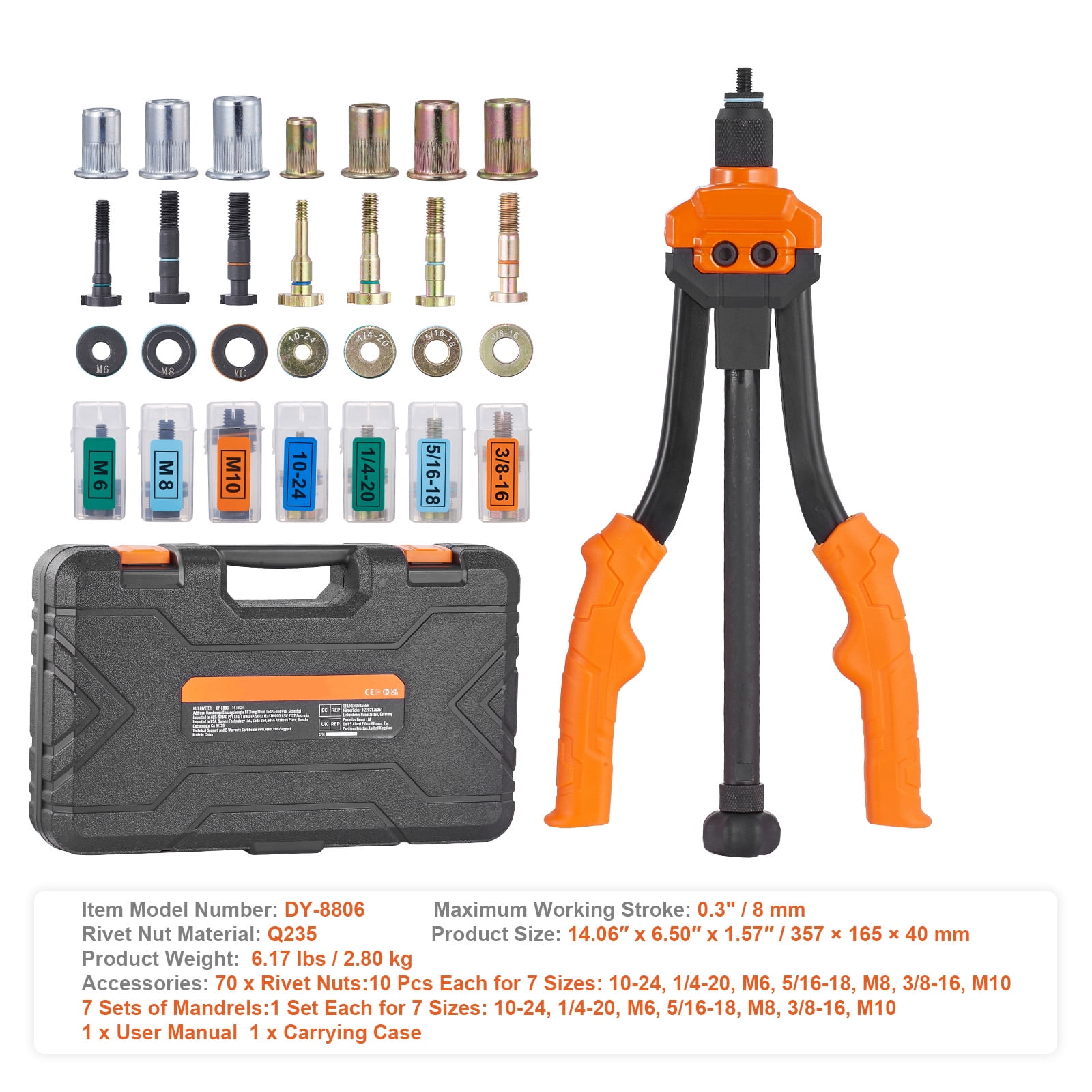 VEVOR Professional Rivet Nut Tool, 14” Rivnut Tool Kit with 7 PCS Metric and SAE Mandrels, 70 PCS Assorted Rivet Nuts, 10-24, 1/4-20, M6, 5/16-18, M8, 3/8-16, M10, With Rugged Carrying Case