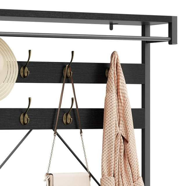 Kojooin Industrial Coat Rack Shoe Bench 72" Hall Tree Shoe Rack for Entryway Large Storage Shelf and Removable Hooks Metal Frame