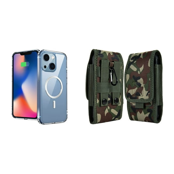Ultra Clear Case (MagSafe Compatible) and Belt Holster Pouch for Apple iPhone 14 Plus (Black/Jungle)