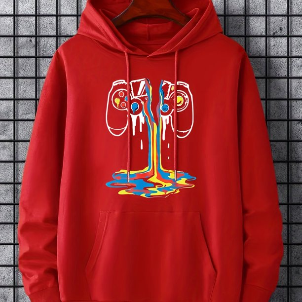 Estampado De Gamepad Roto, Sudadera Con Capucha Gráfica Para Hombre, Cómodo Suéter Con Capucha Suelto Con Cordón De Moda