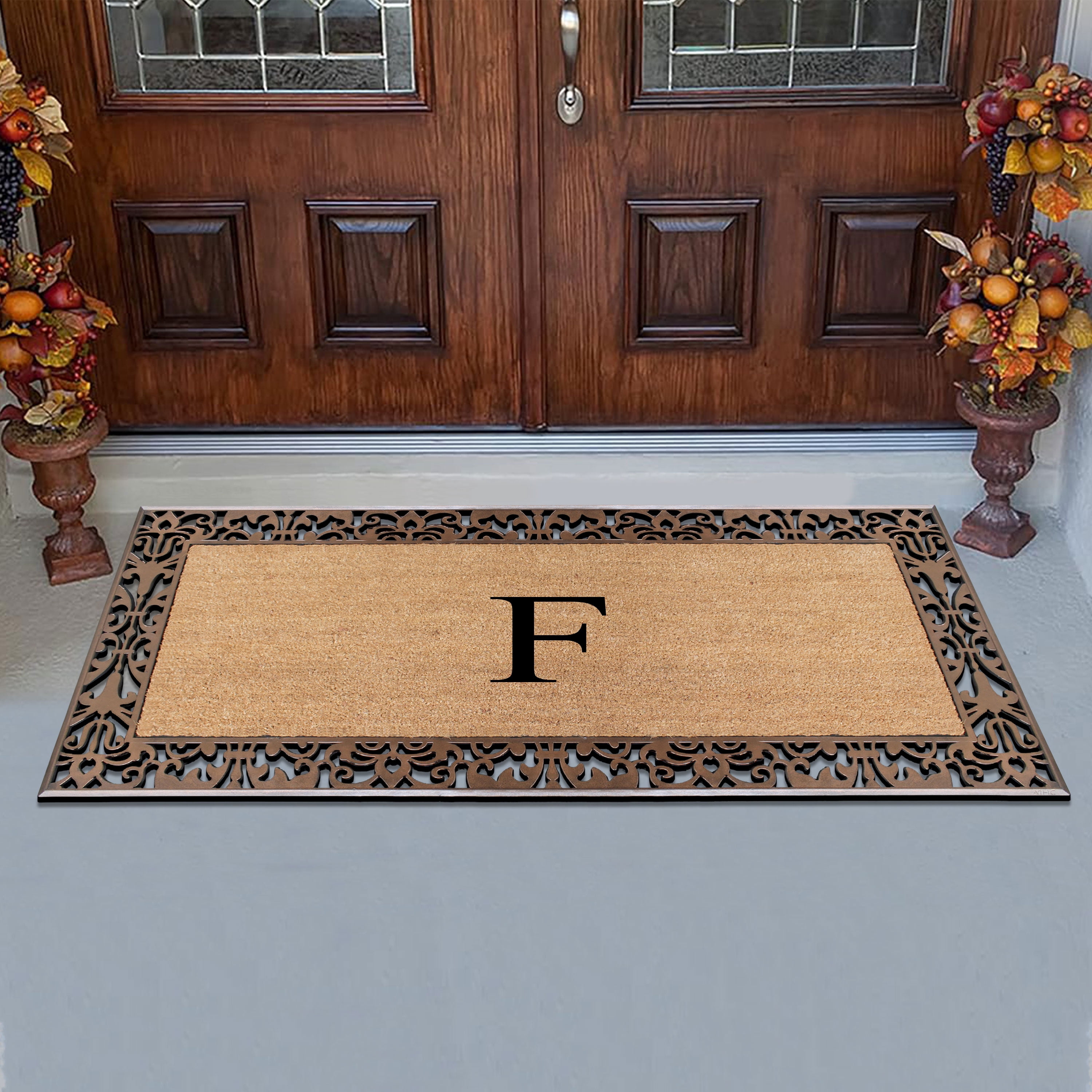 A1HC Natural Coir and Rubber Paisley Monogrammed Doormat, 30"x60", Heavy Duty Outdoor Front Door Mat, Durable Easy-Clean Bronze Rug