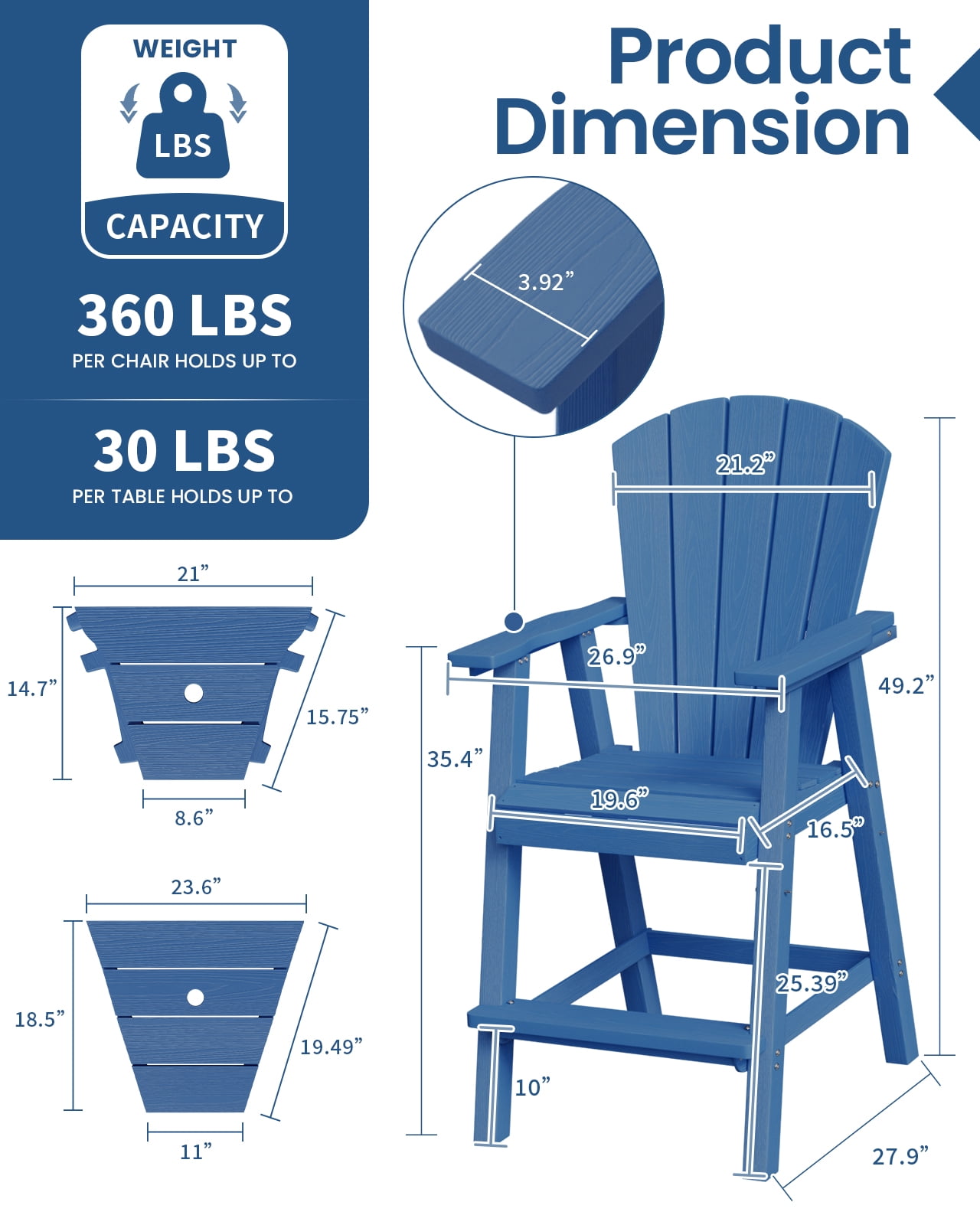 CIOKEA Tall Adirondack Chair Set of 2, All Weather HDPE Patio Chairs with Double Removable Connecting Trays for Balcony, Deck, Backyard, Patio, Garden, Blue