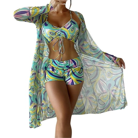 Wiueurtly Bikini Sets for Women High Waist Bikinis 3 Piece Set Cover Up Long Sleeve Push Swimwear Beach Wear Bathing Suit Bikini Swimsuits Green Black