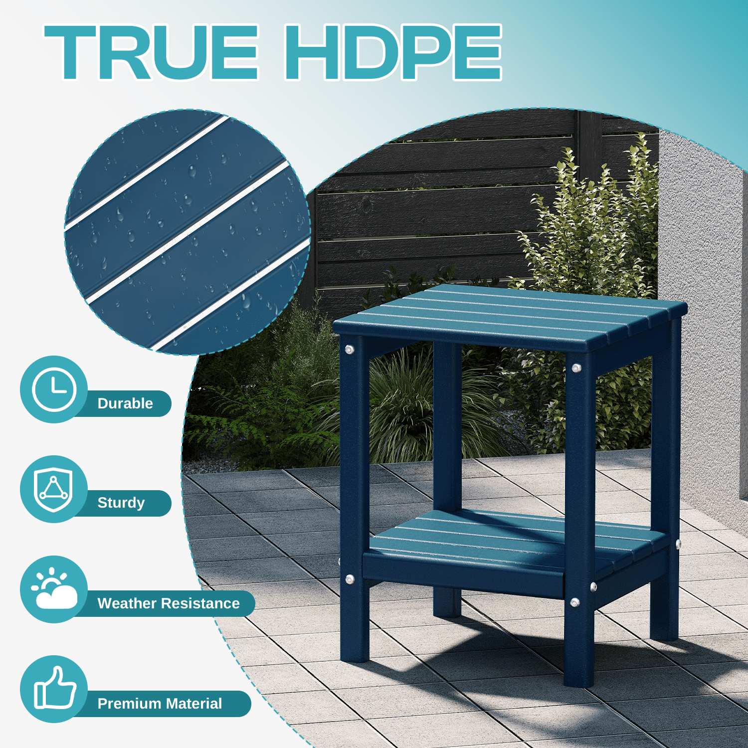 Pipopa Adirondack Outdoor Side Table Set of 2,HDPE All Weather Double Layer Patio Side Table,Rectangular End Table for Garden Balcony Pool,Blue