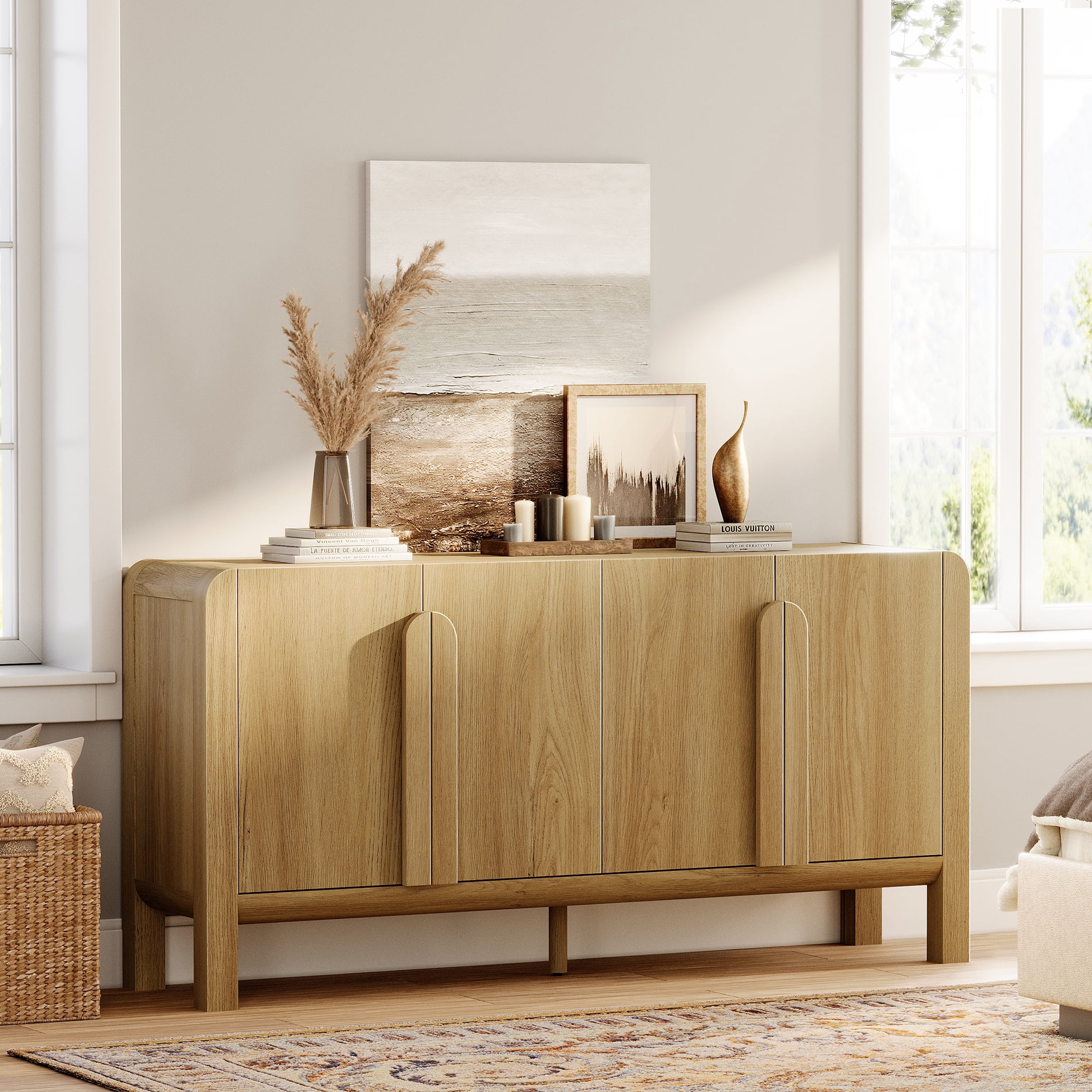 63" Accent Cabinet with 4 Doors and Adjustable Shelves, Modern Credenza Storage Cabinet with Curved Profile Design for Living Room, Kitchen, Dining Room, Hallway