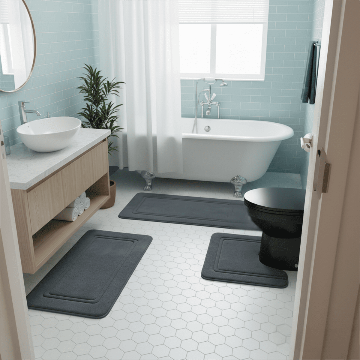 NTYNTY Super Absorbent Non-slip Bathroom Mat Set of 3,Super Soft and Comfortable Advanced Bath Blanket,Home Decoration Mat,Dark Grey.