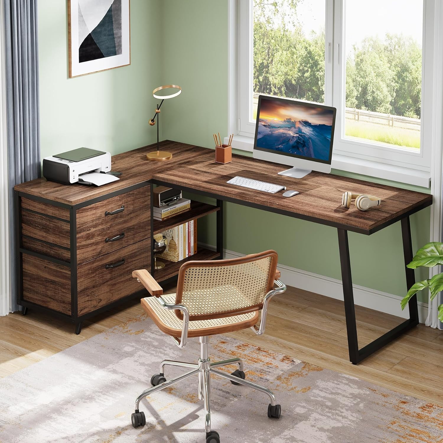 Tribesigns 53" L Shaped Office Desk, Reversible Corner Computer Desk with 3 File Drawers and 2 Storage Shelves for Home Office, Study, Gaming Room (Brown)