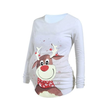 

FASHIONWT Women Christmas Cute Elk Printed Long Sleeve Maternity Pregnancy Tops