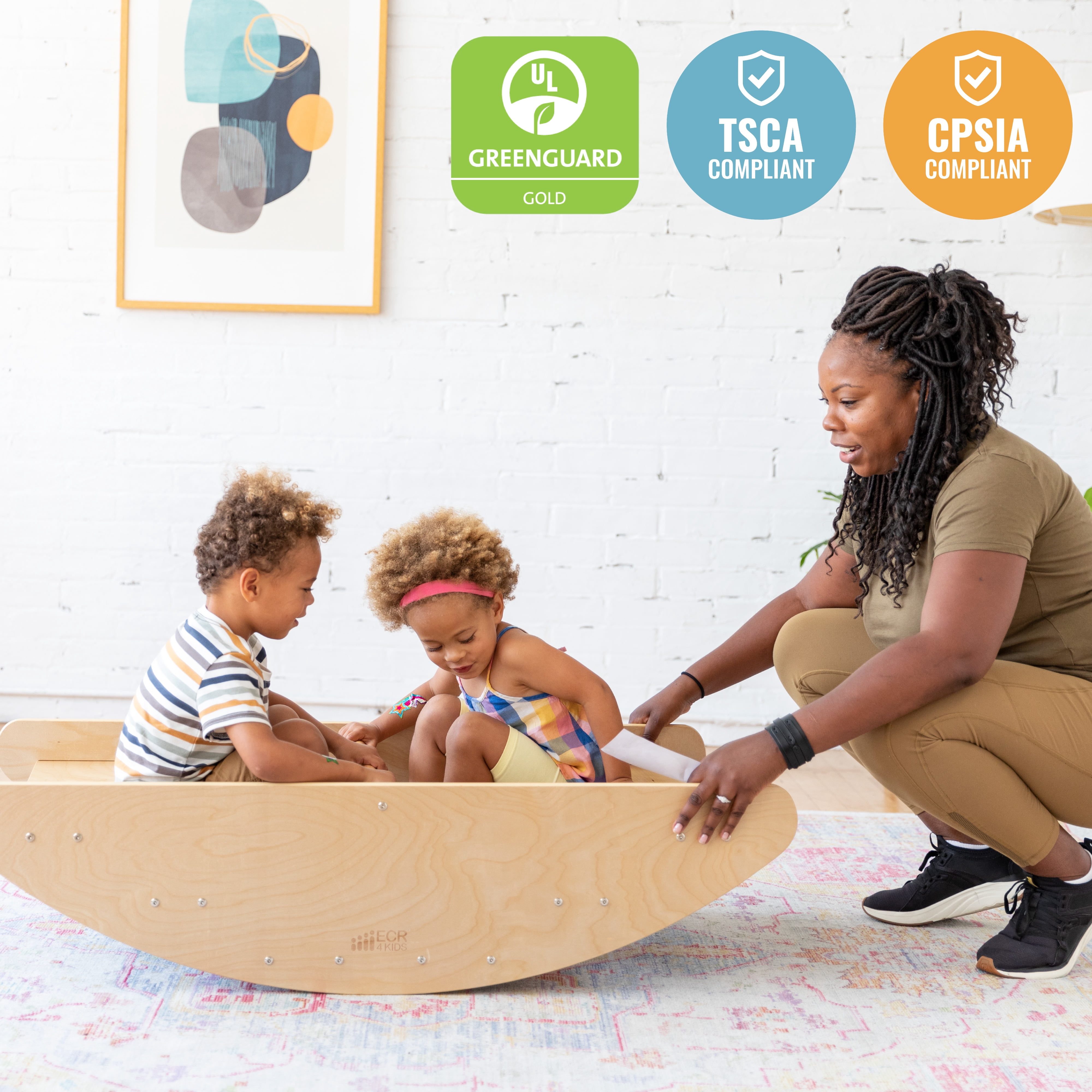 ECR4Kids Wooden Rocking Boat and Steps Play Center, Montessori Furniture, Natural