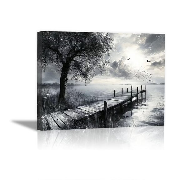 Vintage Black White Tree Lake Dock Flying Birds Framed Wrapped Canvas Posters for Kitchen Office Bedroom Decor, Ready to Hang12"L x 8"W