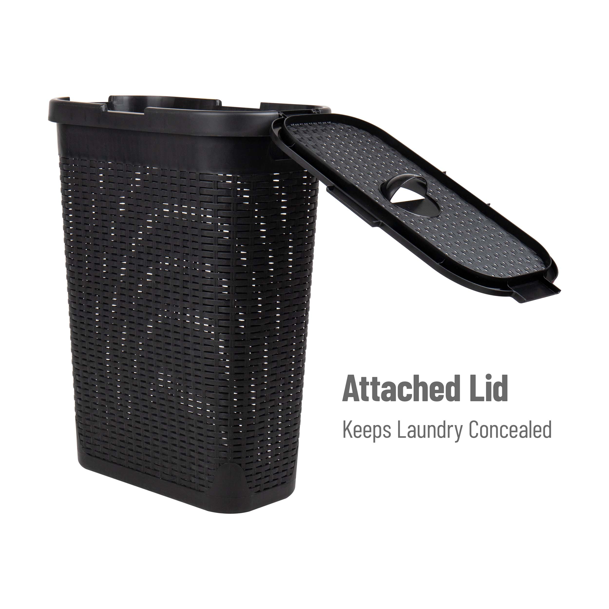 Mind Reader 40L Slim Laundry Hamper, Clothes Basket, Lid, Wicker Design, Plastic, 18"L x 10.4"W x 23.5"H, Set of 2, Black