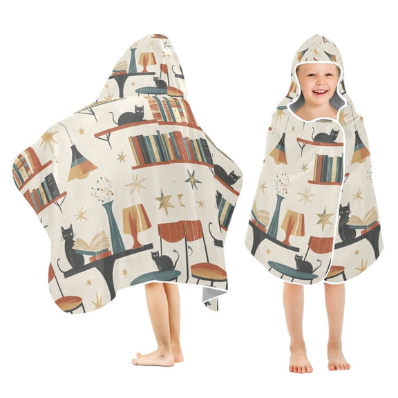 Yayeee Kids Hooded Towel with Hand Pockets Beach Soft Absorbent Bath Wrap 50 x 23.5 inch, Cats Reading Pattern
