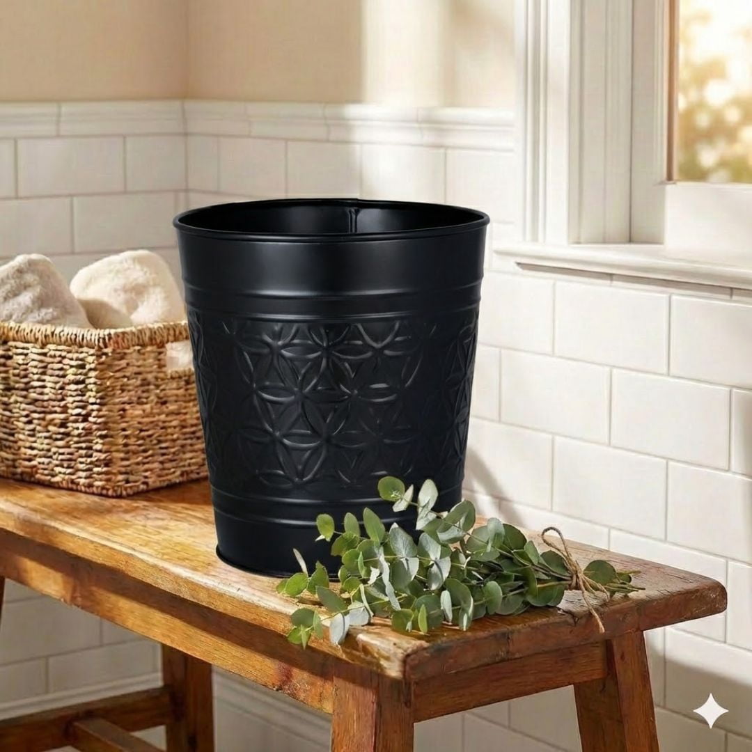 Autumn Alley Black Trash Can for Bathroom, Round Open-Top Bathroom Trash Basket Black Stylish and Durable Black Waste Basket for Home or Office Cute Decorative Decor, Durable, Black