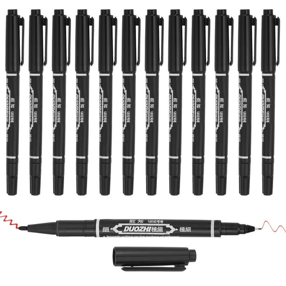 Uxcell 12Pcs Twin Tip Permanent Marker with Fine and Ultra Fine Point, Black